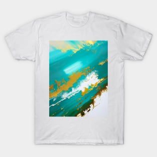 Turquoise Oceans - Abstract brush strokes in gold, blue and white T-Shirt